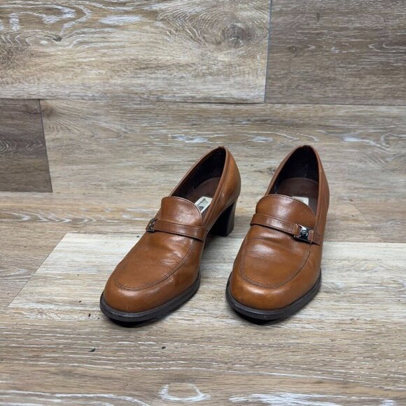 Etienne Aigner Napoleon Brown Leather Slip On Heels Women's Size 7 - Picture 1 of 7